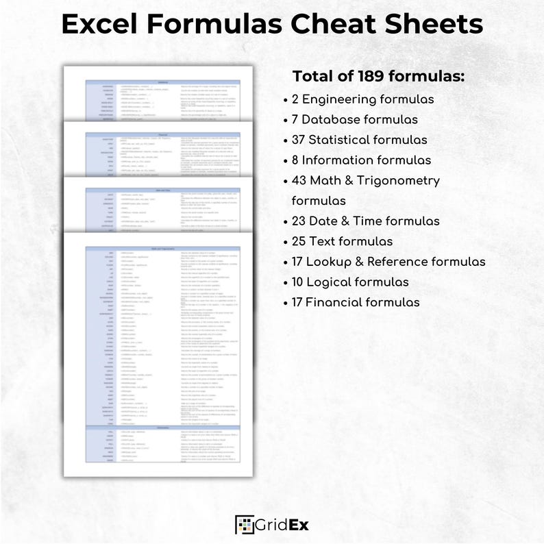 Overview of 189 Excel formulas, categorized into areas like math, statistics, text, and logical functions.