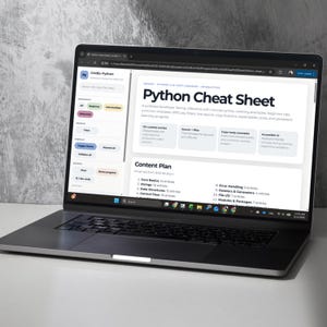 Laptop mockup displaying the Python Cheat Sheet interactive HTML interface in light mode. The screen shows structured learning sections, searchable content, and organized Python reference materials designed for study, quick lookup, and coding support.