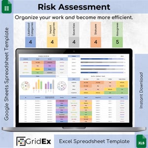 Op de afbeelding: Een laptopscherm dat een spreadsheet-sjabloon voor risicobeoordeling weergeeft. De sjabloon is georganiseerd in kolommen voor waarschijnlijkheid, impact, ernst, status en toegewezen persoon. De spreadsheet heeft de titel "Risicobeoordeling" en bevat de tekst "Organiseer je werk en word efficiënter." De sjabloon is ontworpen voor gebruik met Google Sheets en Excel.
