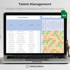 May include: A laptop displays a "Skills Matrix" for talent management, showing employee scores across various skills. The screen features a spreadsheet with employee names, job titles, and department details. A wooden artist figure and a pencil are next to the laptop.