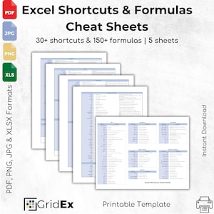 Può includere: Cinque cheat sheet stampabili con oltre 30 scorciatoie di Excel e 150 formule. Le cheat sheet sono in uno schema di colori blu e bianco e sono etichettate con intestazioni come "Dati", "Funzioni", "Formattazione" e "Risoluzione dei problemi".
