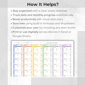 Yearly Calendar Planner Spreadsheet for Excel and Google Sheets showing 12-month layout with daily task tracking, progress bars, checkboxes, and customizable start month. Includes dynamic formulas, dropdown menus, monthly notes section, and print-friendly design. Ideal digital planner for students, teachers, professionals, and ADHD users. Fully editable and reusable template.
yearly calendar, task planner, daily checklist, calendar template, excel planner, google sheets, task tracker