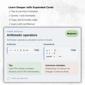 Expanded learning card preview from the Python Cheat Sheet HTML guide showing arithmetic operators. The card includes syntax, examples, practical tips, common beginner mistakes, copy-ready code snippets, and learning progress tracking to support interactive Python study.
