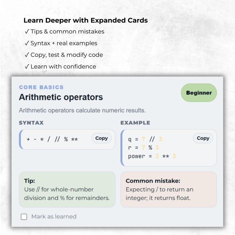 Expanded learning card preview from the Python Cheat Sheet HTML guide showing arithmetic operators. The card includes syntax, examples, practical tips, common beginner mistakes, copy-ready code snippets, and learning progress tracking to support interactive Python study.