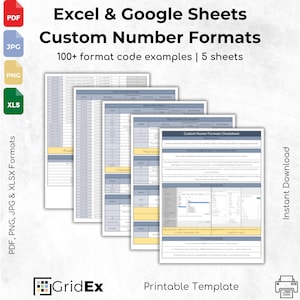 Puede incluir: Una plantilla digital titulada "Excel & Google Sheets Custom Number Formats" con más de 100 ejemplos de códigos de formato en 5 hojas. La imagen incluye iconos de formatos de archivo PDF, JPG, PNG y XLS, y el texto "Printable Template."