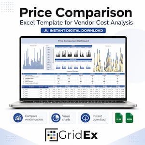 May include: A laptop screen displaying a Price Comparison Excel Template for Vendor Cost Analysis. The dashboard features blue and yellow bar charts, line graphs, and data tables comparing vendor quotes. The GridEx logo is visible at the bottom.
