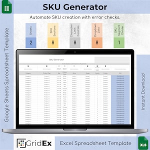 May include: A screenshot of a Google Sheets spreadsheet template for SKU generation. The template is designed to automate SKU creation with error checks. The spreadsheet has columns for category, product type, size, color, niche, design, version, creator, and SKU. The template is available for download as an Excel spreadsheet.