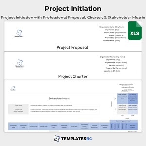 May include: A blue and white graphic design template for project initiation with a professional proposal, charter, and stakeholder matrix. The template includes sections for organization name, department, project name, version, prepared by, and updated as of. The template also includes a stakeholder matrix with sections for stakeholder group, influence level, engagement level, project role, and anticipated contributions.