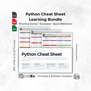 Puede incluir: Un paquete de aprendizaje de Python Cheat Sheet con sintaxis práctica, ejemplos y referencia rápida. El paquete incluye formatos PDF, HTML y XLSX. El diseño presenta un fondo blanco con el texto "Python Cheat Sheet" y "GridEx Printable & Editable Template".