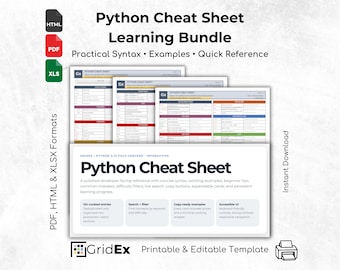Python Cheat Sheet Bundle Excel PDF Interactive HTML Coding Reference