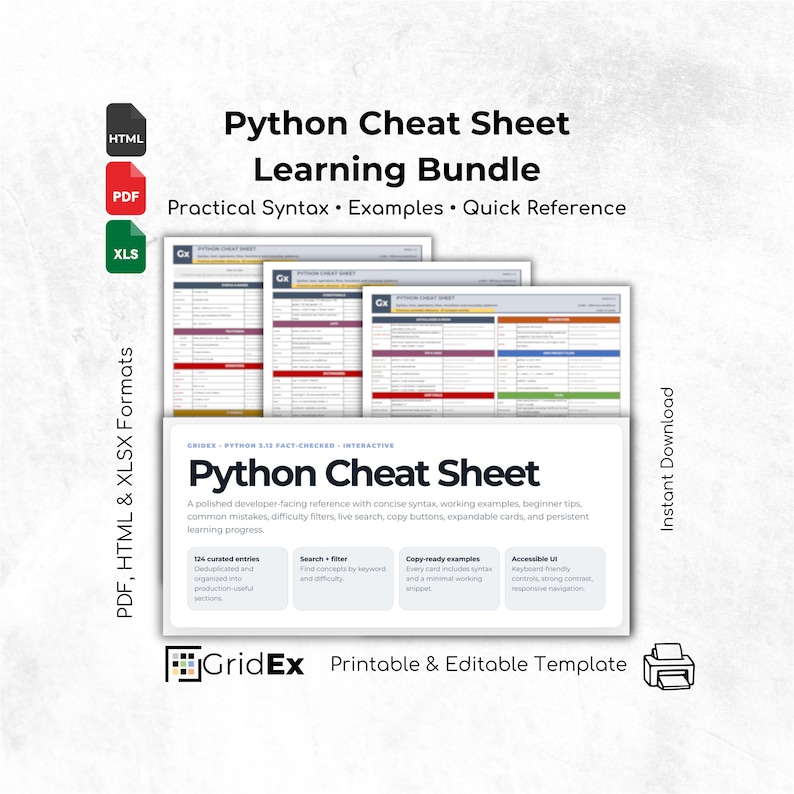 Python Cheat Sheet Learning Bundle listing image showing the complete digital product package. Preview includes the interactive HTML learning page, printable PDF cheat sheet pages, and Excel spreadsheet version. Text highlights practical Python syntax, examples, and quick reference learning. Icons indicate included PDF, HTML, and XLS formats for study, coding support, and structured review.