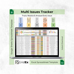 May include: A laptop displays a spreadsheet titled "Multi Issues Tracker." The image includes text such as "Track, Resolve & Analyze Every Issue," "Worksheet," and "Instant Download." The spreadsheet template is for Google Sheets and Excel.