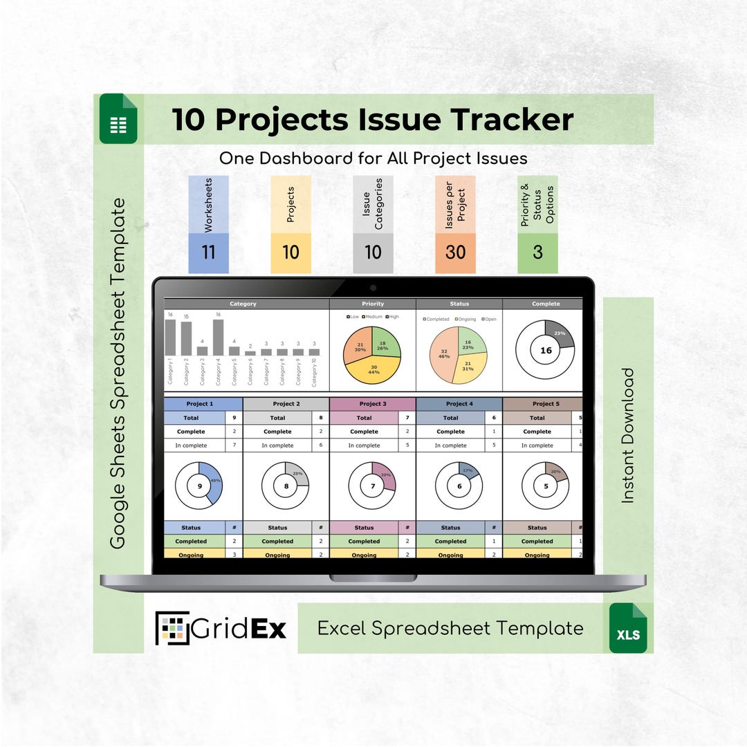 Visual Project Issue Tracker 10 Projects Issue Tracker Spreadsheet Excel Google Sheets Dashboard ...