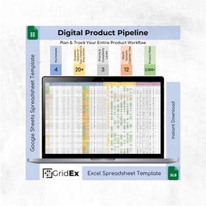 May include: A laptop displays a spreadsheet labeled "Digital Product Pipeline." The image includes text such as "Plan & Track Your Entire Product Workflow," "Worksheets," and "Instant Download." The spreadsheet template is for Google Sheets and Excel.