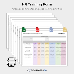 May include: A printable HR training form template with a colorful table to track employee training activities. The form includes columns for training topics, dates, times, frequency, completion status, trainer, location, and training format. The form is available in XLS, PDF, JPG, and PNC formats.