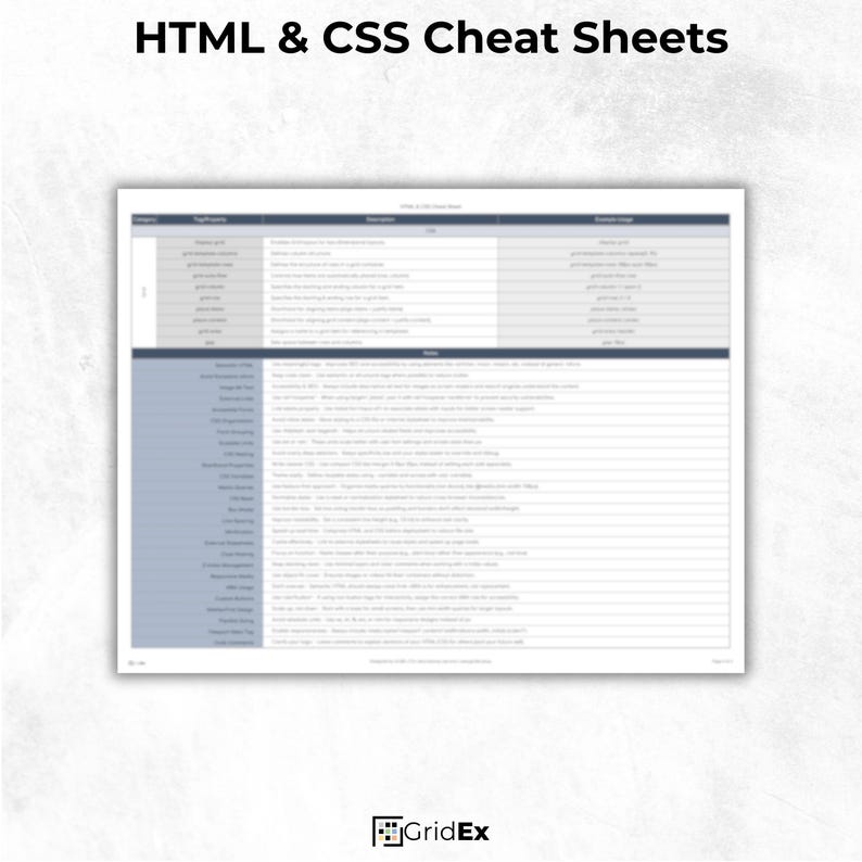 Printable HTML & CSS Cheat Sheet – 6-page quick-reference guide with 180+ HTML tags, CSS properties, ARIA attributes, layout techniques, and responsive design tips. Organized by category including forms, media, tables, Flexbox, Grid, and more. Ideal for web developers, students, and coding beginners. Includes formats: PDF, PNG, JPG, and Excel XLSX.