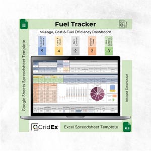 May include: A laptop screen showing a fuel tracker spreadsheet template with data visualizations and charts. The template includes sections for mileage, cost, and fuel efficiency. The image also includes the text "Fuel Tracker" and "Instant Download".