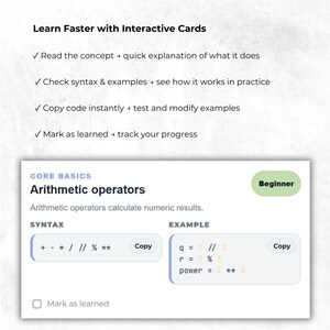 Preview of a collapsed learning card inside the Python Cheat Sheet HTML interface. The card displays Python arithmetic operators with syntax, example code, copy buttons, and learning progress tracking. Supporting text explains how to review concepts, check examples, and practice faster.