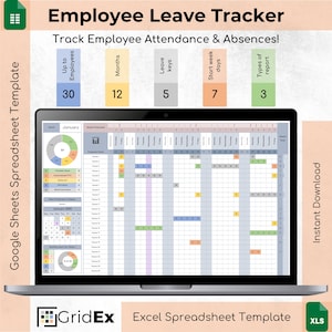 May include: A laptop screen displaying a spreadsheet template for tracking employee leave. The template is titled "Employee Leave Tracker" and includes columns for month, leave keys, start week days, and types of report. The spreadsheet is designed to track up to 30 employees for 12 months.