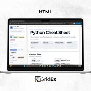 Laptop display showing the interactive HTML version of the Python Cheat Sheet Bundle in light mode. The interface includes searchable topics, organized navigation, learning cards, and structured sections for studying Python syntax, concepts, and coding examples in an interactive environment.