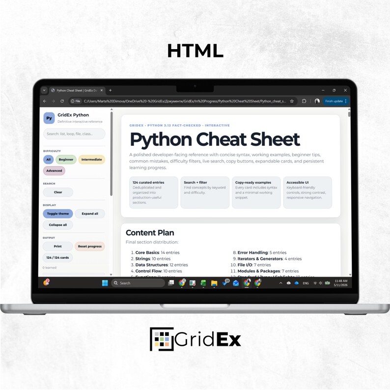 Laptop display showing the interactive HTML version of the Python Cheat Sheet Bundle in light mode. The interface includes searchable topics, organized navigation, learning cards, and structured sections for studying Python syntax, concepts, and coding examples in an interactive environment.
