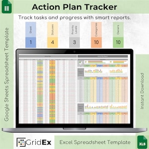 Op de afbeelding: Een laptop toont een "Action Plan Tracker" spreadsheet template. Het scherm toont een gedetailleerde tabel met kolommen voor "Sheet", "Statuses", "Priority Levels", "Categories" en "Owners". De template is ontworpen voor het volgen van taken.