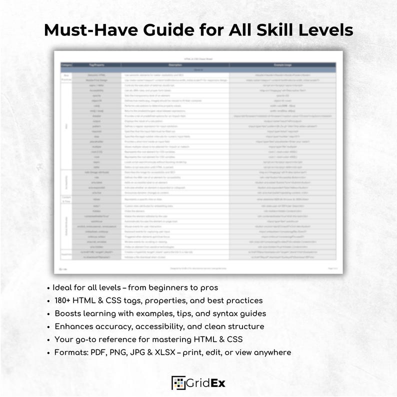 Printable HTML & CSS Cheat Sheet – 6-page quick-reference guide with 180+ HTML tags, CSS properties, ARIA attributes, layout techniques, and responsive design tips. Organized by category including forms, media, tables, Flexbox, Grid, and more. Ideal for web developers, students, and coding beginners. Includes formats: PDF, PNG, JPG, and Excel XLSX.