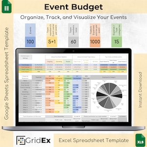 May include: A laptop displaying a spreadsheet template titled "Event Budget." The template, designed for Google Sheets, features sections for organizing, tracking, and visualizing events. Key data points include event counts, team member details, and expense categories. The template is available for instant download.