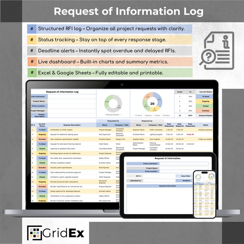 Item Request Chart RFI Log Spreadsheet Excel Google Sheets Request Tracker Deadline ...