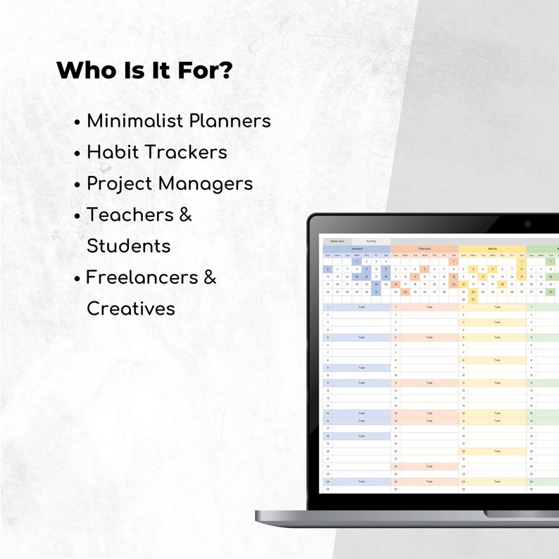 Simple Yearly Planner Spreadsheet Template for Excel and Google Sheets with one-sheet layout, 12 months, task tracking, color-coded months, and customizable week start. Instant download.

yearly calendar 2025, 2025 excel planner, google sheets planner, calendar 2025 excel, excel calendar 2025, calendar spreadsheet, spreadsheet planner, yearly planner excel, 2025 calendar sheet, annual planner 2025, productivity excel, calendar template, excel google planner