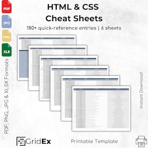HTML & CSS Cheat Sheet Printable – Web Developer Reference Guide | Coding Tags, Syntax, ARIA, Forms, Media | pdf, jpg, png, xlsx Formats