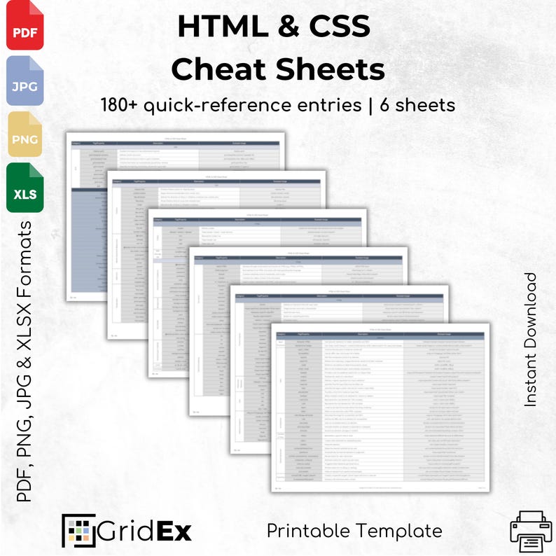 Printable HTML & CSS Cheat Sheet – 6-page quick-reference guide with 180+ HTML tags, CSS properties, ARIA attributes, layout techniques, and responsive design tips. Organized by category including forms, media, tables, Flexbox, Grid, and more. Ideal for web developers, students, and coding beginners. Includes formats: PDF, PNG, JPG, and Excel XLSX.
