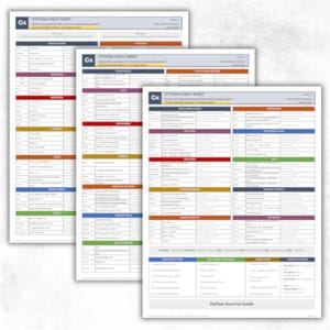 Preview image showing all printable PDF pages included in the Python Cheat Sheet Bundle. Multiple organized reference sheets display categorized Python topics, syntax examples, and practical coding information. Designed for quick study, revision, and printable use during coding or programming practice.