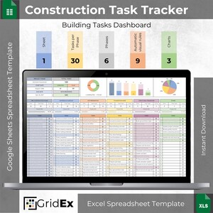 May include: A digital Construction Task Tracker spreadsheet template displayed on a laptop screen. The dashboard features colourful charts, project status tables, and task lists organised by phase, including sections for sheets, tasks, and phases.