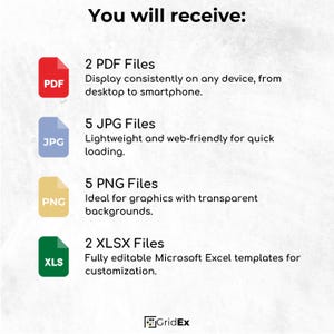 Graphic listing the contents: 2 PDF files, 5 JPGs, 5 PNGs, and 2 XLSX files, with format descriptions and benefits.