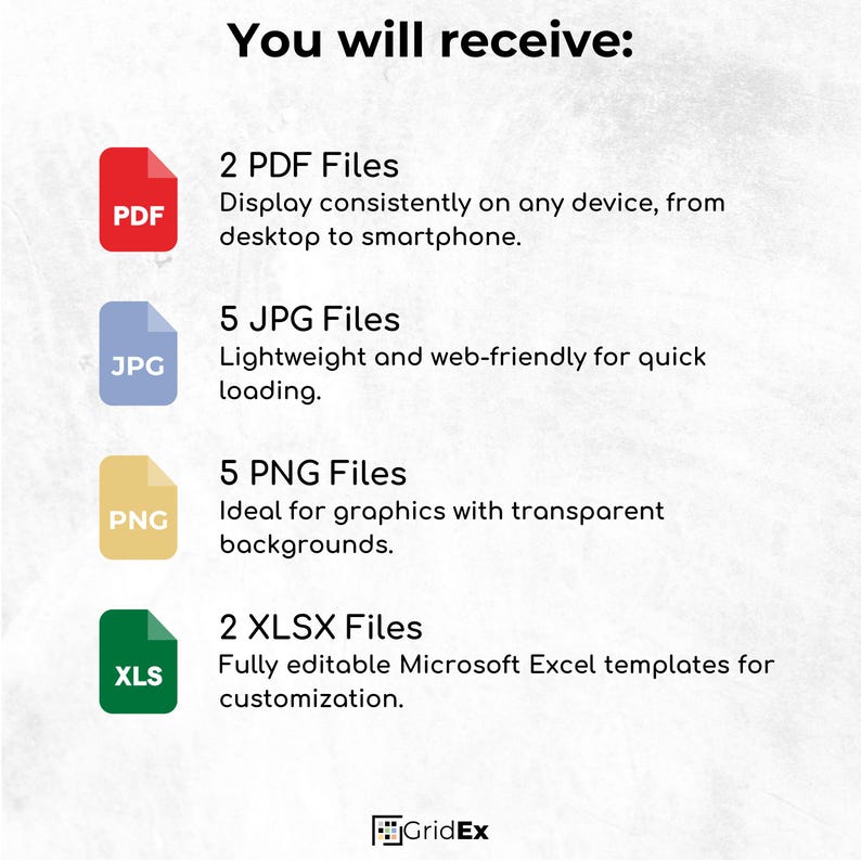 Graphic listing the contents: 2 PDF files, 5 JPGs, 5 PNGs, and 2 XLSX files, with format descriptions and benefits.