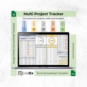 May include: A laptop screen displaying a Multi Project Tracker Google Sheets Spreadsheet Template. The interface includes a dashboard, project lists, task trackers, budget columns, and a dynamic calendar. Text includes GridEx and Instant Download.