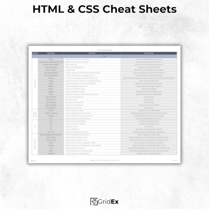 Printable HTML & CSS Cheat Sheet – 6-page quick-reference guide with 180+ HTML tags, CSS properties, ARIA attributes, layout techniques, and responsive design tips. Organized by category including forms, media, tables, Flexbox, Grid, and more. Ideal for web developers, students, and coding beginners. Includes formats: PDF, PNG, JPG, and Excel XLSX.