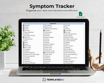 May include: A laptop displays a digital symptom tracker with a list of symptoms. The screen shows a spreadsheet with checkboxes for tracking various health issues. The text "Symptom Tracker" is at the top. A pencil and a wooden figure are on the side.