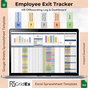 May include: A laptop screen shows an "Employee Exit Tracker" spreadsheet template. The template includes data and charts for departments, involuntary and voluntary reasonings, and analysis. It is designed for HR offboarding.