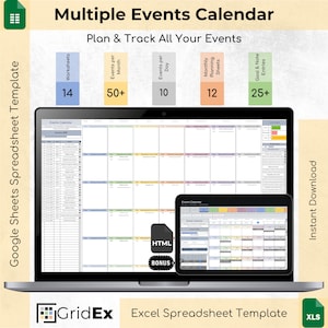 May include: A digital Multiple Events Calendar spreadsheet template for Google Sheets and Excel. The display shows a grid-based planning interface with 14 worksheets, 50+ events per month, 10 events per day, 12 monthly planning sheets, and 25+ goal and note entries. Includes an HTML bonus file.