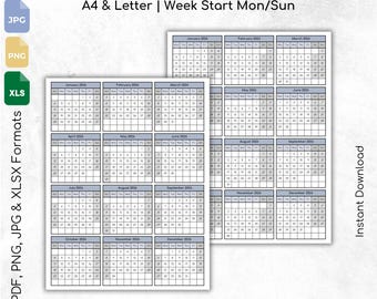 Plantilla de calendario imprimible 2026: formato vertical (PDF, JPG, PNG) (Descarga digital)