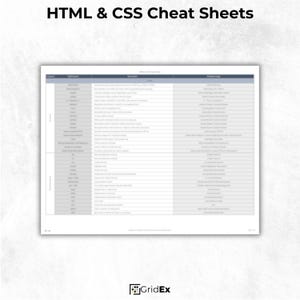 Printable HTML & CSS Cheat Sheet – 6-page quick-reference guide with 180+ HTML tags, CSS properties, ARIA attributes, layout techniques, and responsive design tips. Organized by category including forms, media, tables, Flexbox, Grid, and more. Ideal for web developers, students, and coding beginners. Includes formats: PDF, PNG, JPG, and Excel XLSX.