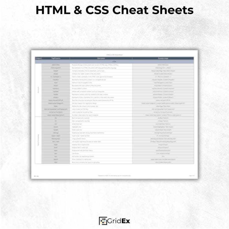 Printable HTML & CSS Cheat Sheet – 6-page quick-reference guide with 180+ HTML tags, CSS properties, ARIA attributes, layout techniques, and responsive design tips. Organized by category including forms, media, tables, Flexbox, Grid, and more. Ideal for web developers, students, and coding beginners. Includes formats: PDF, PNG, JPG, and Excel XLSX.