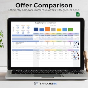 May include: A laptop screen displaying a spreadsheet with the title "Supplier price comparison". The spreadsheet compares prices from different suppliers for various items. The spreadsheet includes a section for grand totals, estimated prices, and total unit prices. The spreadsheet also includes a section for offer total with and without VAT.