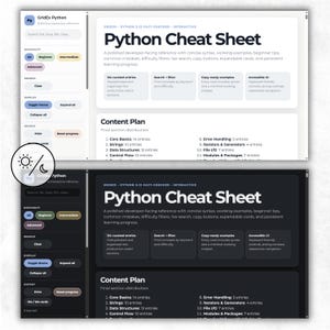 Python Cheat Sheet interactive HTML interface shown in both light and dark mode themes. The preview displays navigation menus, searchable topic sections, expandable learning cards, and responsive layout options designed for flexible studying and practical coding reference.