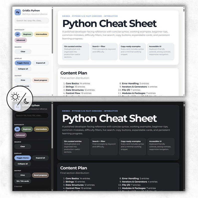 Python Cheat Sheet interactive HTML interface shown in both light and dark mode themes. The preview displays navigation menus, searchable topic sections, expandable learning cards, and responsive layout options designed for flexible studying and practical coding reference.