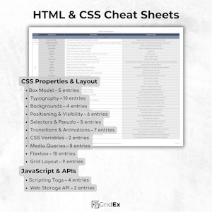 Printable HTML & CSS Cheat Sheet – 6-page quick-reference guide with 180+ HTML tags, CSS properties, ARIA attributes, layout techniques, and responsive design tips. Organized by category including forms, media, tables, Flexbox, Grid, and more. Ideal for web developers, students, and coding beginners. Includes formats: PDF, PNG, JPG, and Excel XLSX.