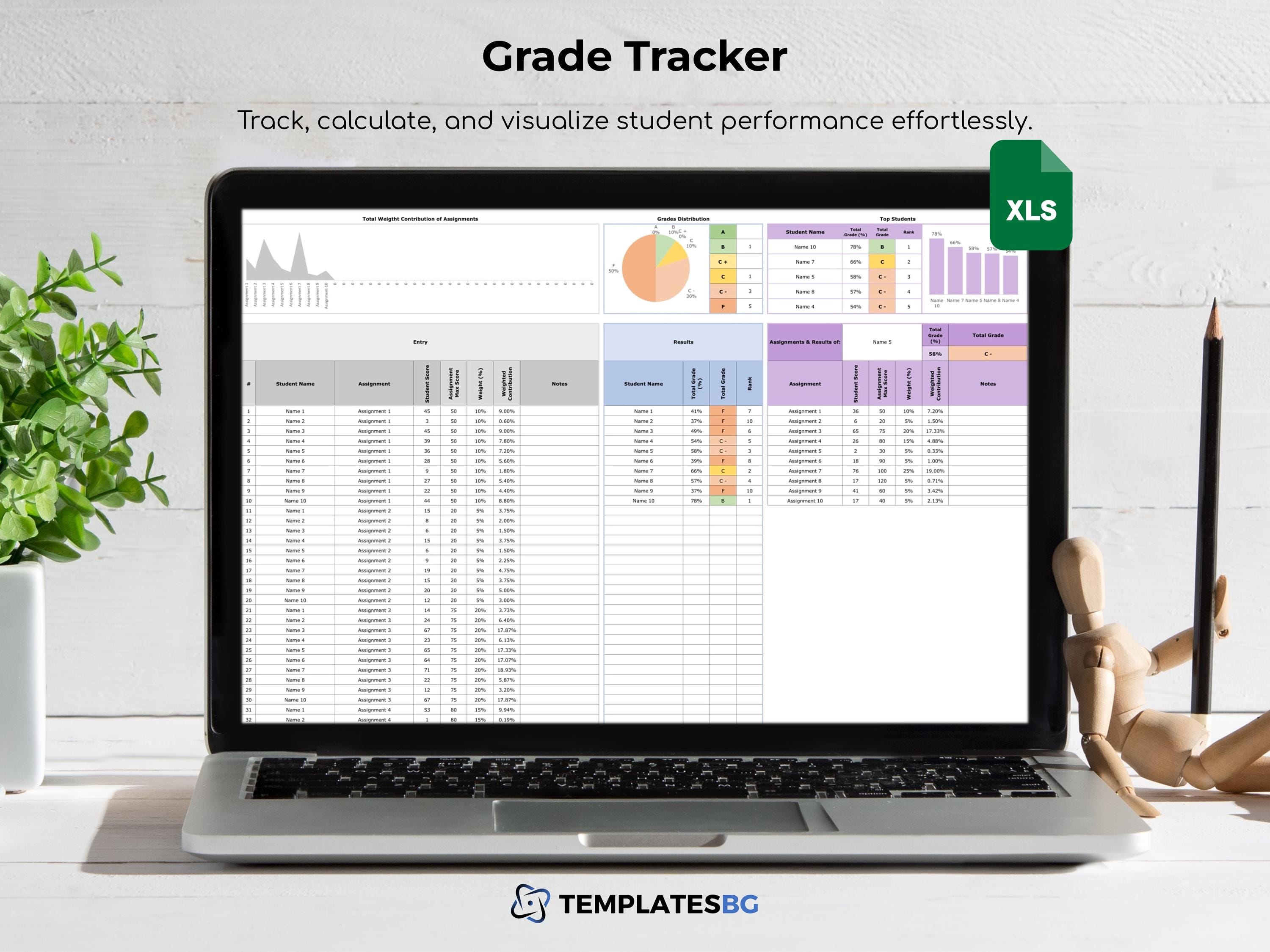 Grade Management Assingment Tracker Excel Spreadsheet Template Class Organizer | Digital Gradebook Template Student Grades Task Spreadsheet