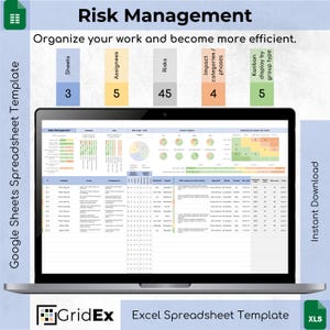 May include: A laptop screen displaying a Google Sheets spreadsheet template for risk management. The template includes sections for sheets, assignees, risks, impact categories, phases, and Kanban display by group type. The template is designed to help users organise their work and become more efficient. The template is available for instant download as an Excel spreadsheet.